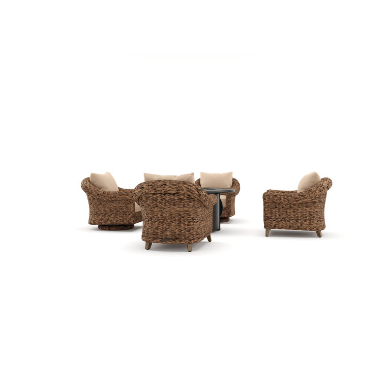 Heritage Brown Wicker 5 Piece Outdoor Seating Group with Fire Pit