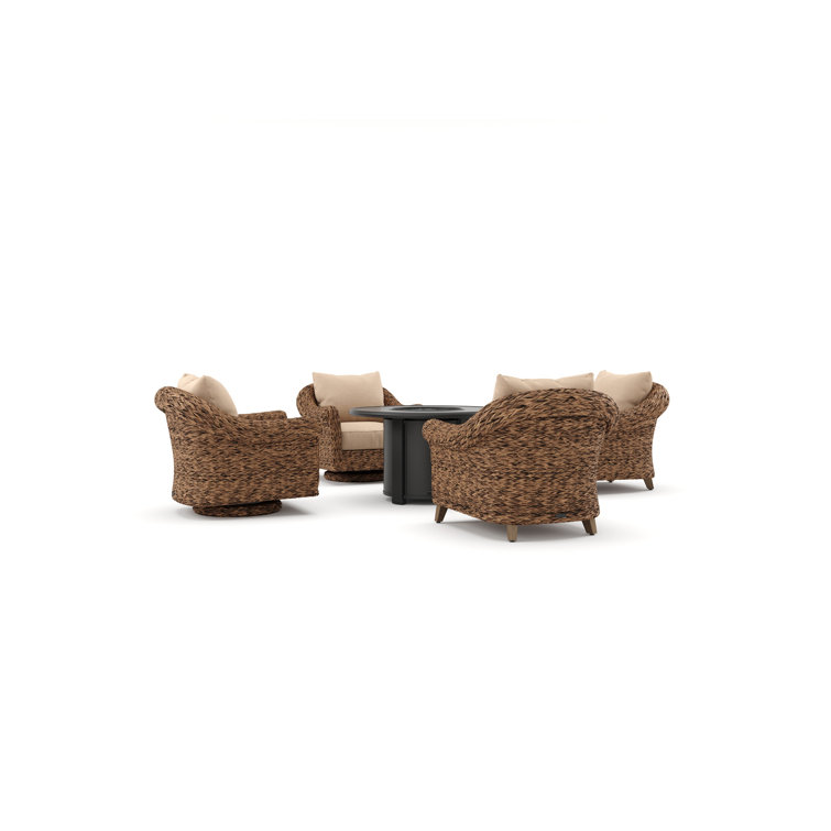 Heritage Brown Wicker 5 Piece Outdoor Seating Group with Fire Pit