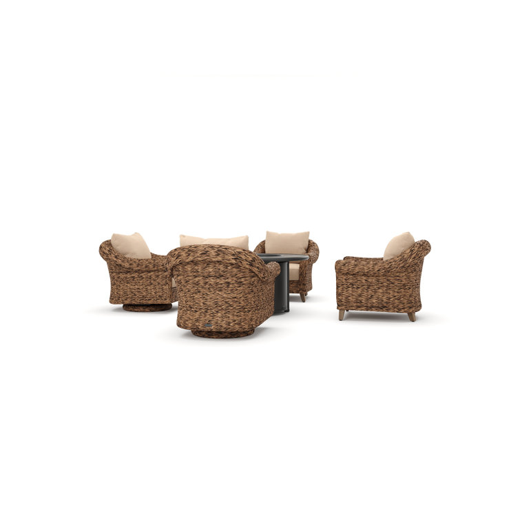 Heritage Brown Wicker 5 Piece Outdoor Seating Group with Fire Pit