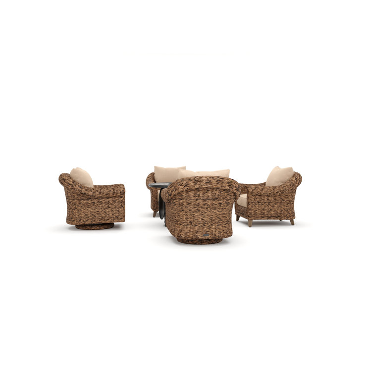 Heritage Brown Wicker 5 Piece Outdoor Seating Group with Fire Pit