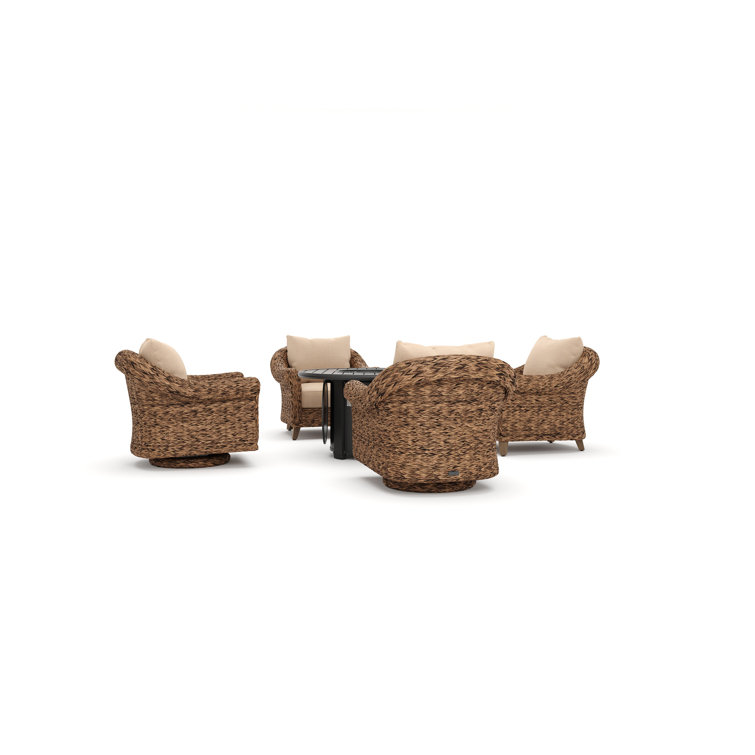 Heritage Brown Wicker 5 Piece Outdoor Seating Group with Fire Pit