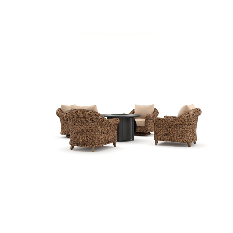 Heritage Brown Wicker 5 Piece Outdoor Seating Group with Fire Pit