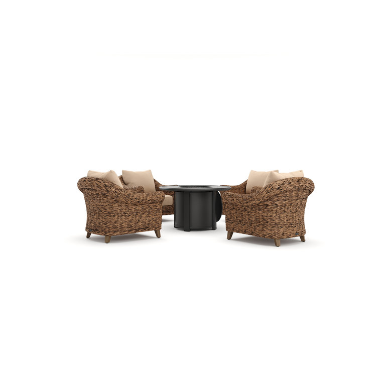 Heritage Brown Wicker 5 Piece Outdoor Seating Group with Fire Pit