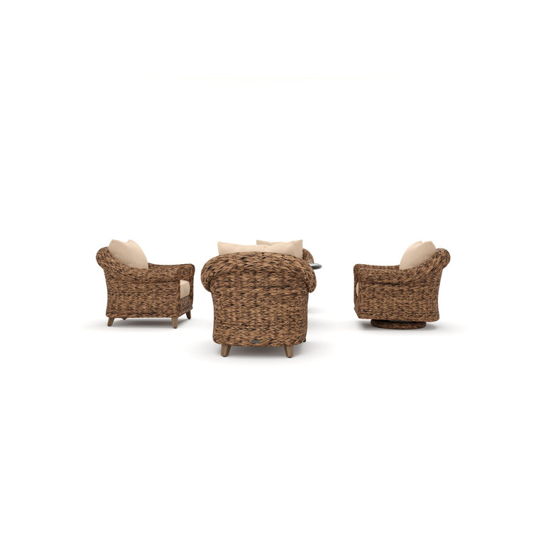 Heritage Brown Wicker 5 Piece Outdoor Seating Group with Fire Pit