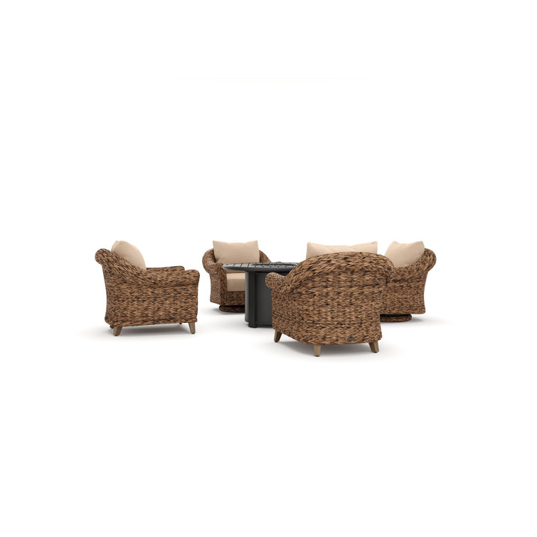 Heritage Brown Wicker 5 Piece Outdoor Seating Group with Fire Pit