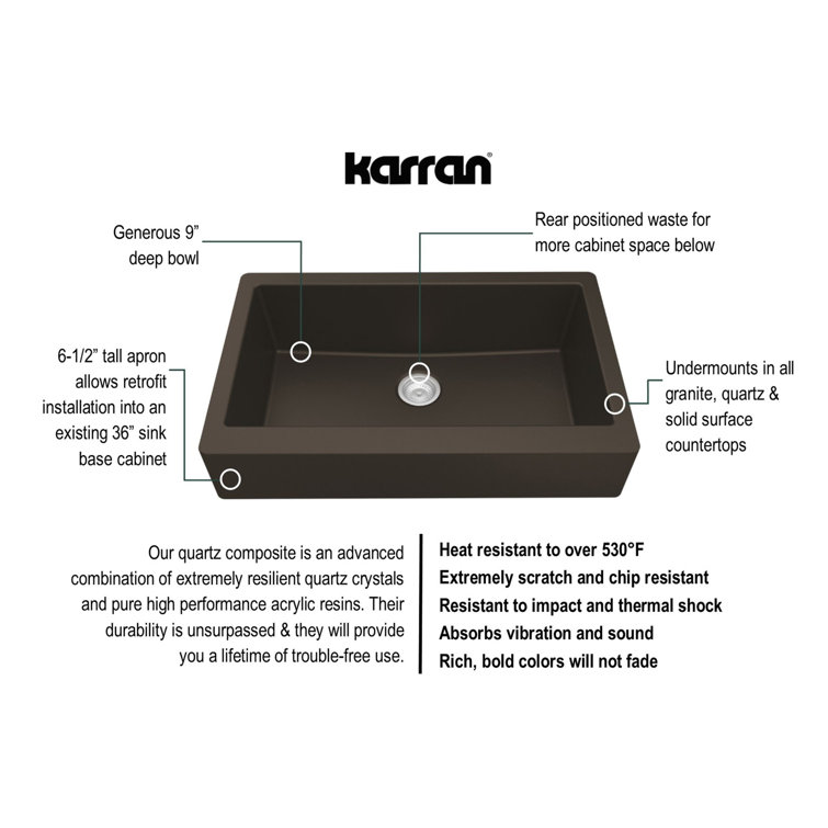 Karran Brown Quartz 34'' Single Bowl Farmhouse Kitchen Sink Kit