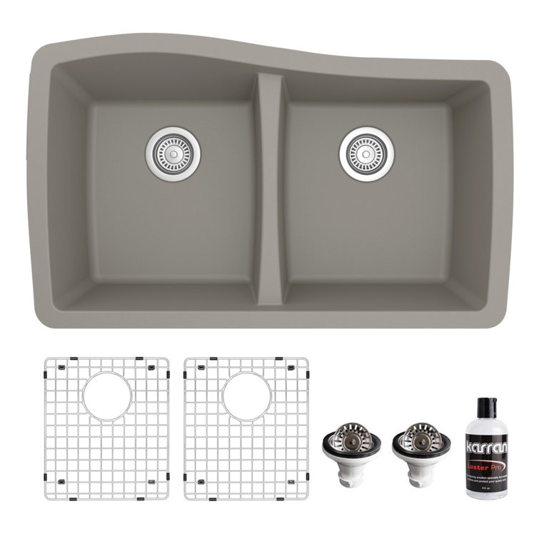 Concrete Gray Double Bowl Farmhouse Quartz Kitchen Sink Kit
