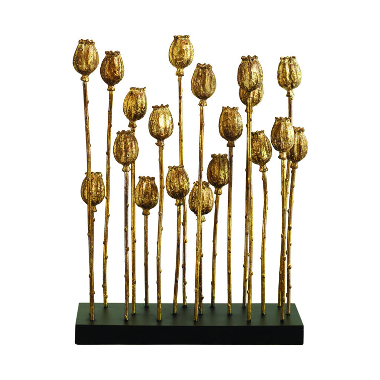 Gold Metal Poppy Pod Sculpture, 16" Height
