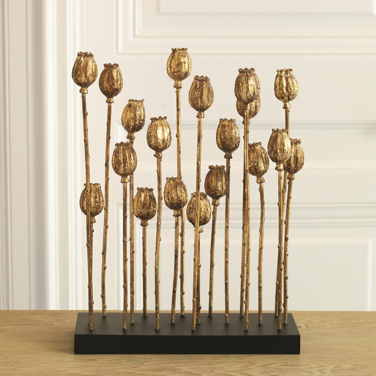 Gold Metal Poppy Pod Sculpture, 16" Height