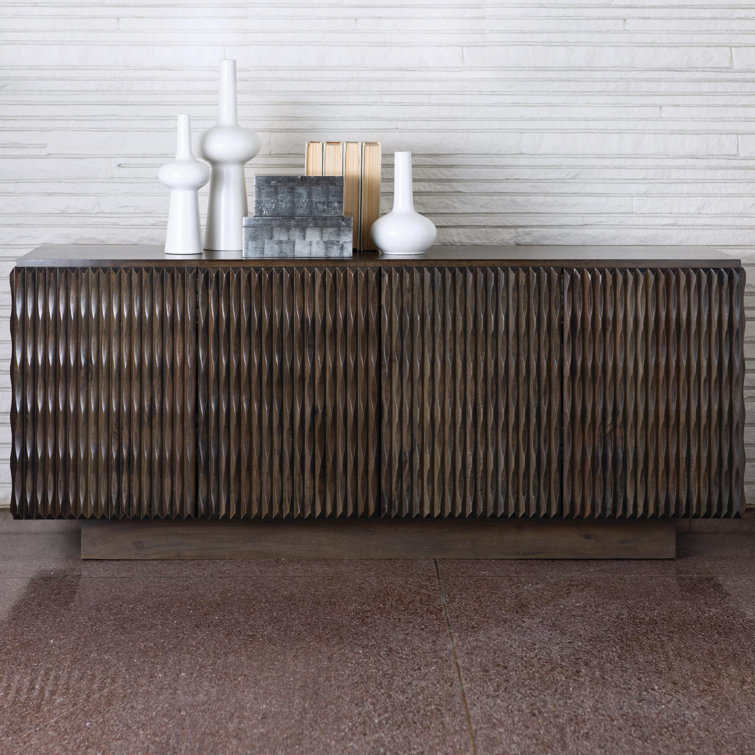 Minuet Carved Mango Wood Buffet in Walnut Grey with Antique Nickel Accents