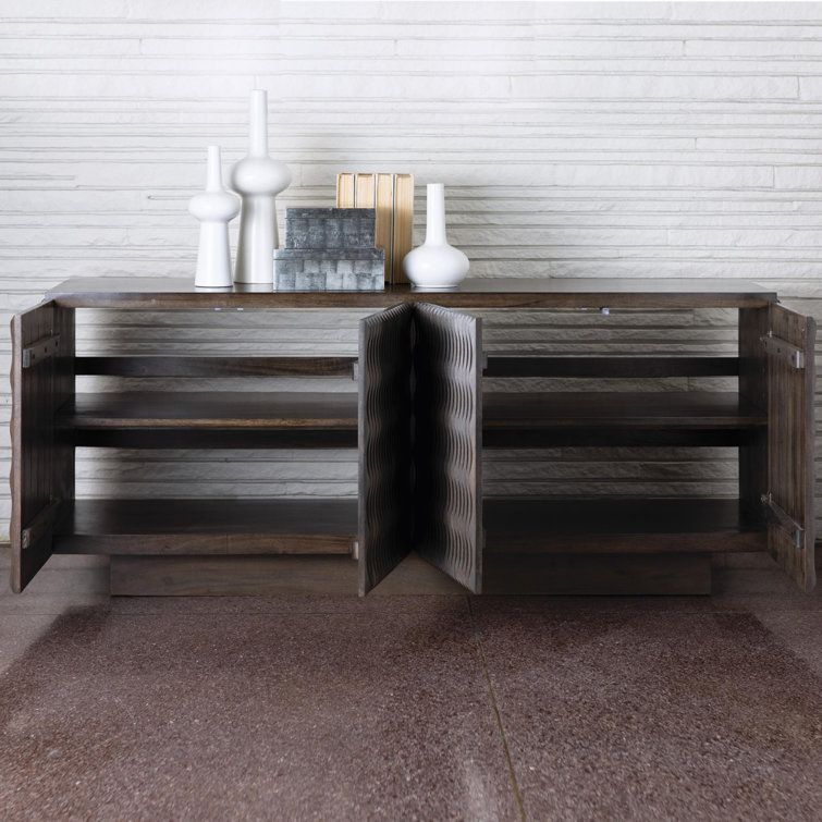Minuet Carved Mango Wood Buffet in Walnut Grey with Antique Nickel Accents