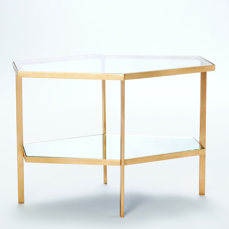 Gold Leaf Geometric Round Mirrored End Table with Shelf