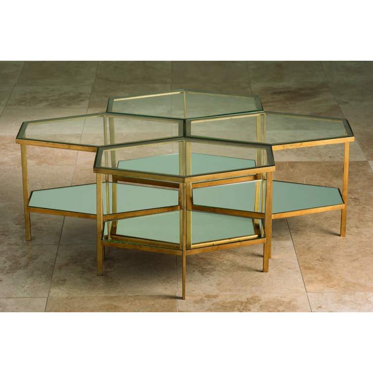 Gold Leaf Geometric Round Mirrored End Table with Shelf