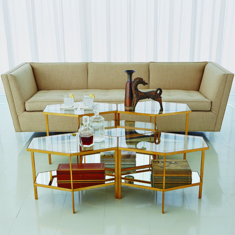 Gold Leaf Geometric Round Mirrored End Table with Shelf