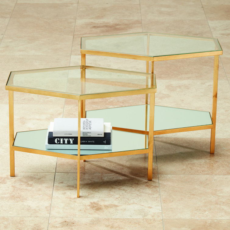 Gold Leaf Geometric Round Mirrored End Table with Shelf