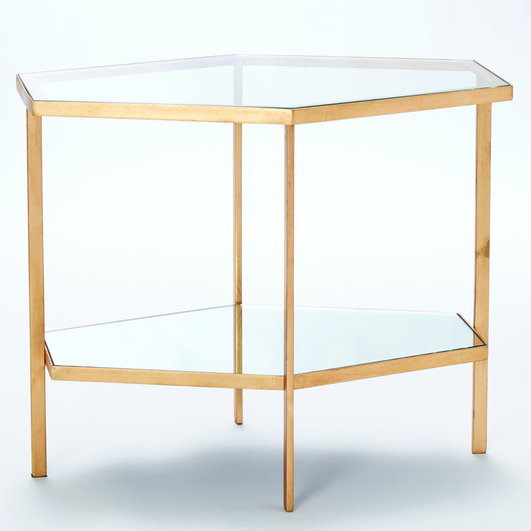 Gold Leaf Geometric Round Mirrored End Table with Shelf