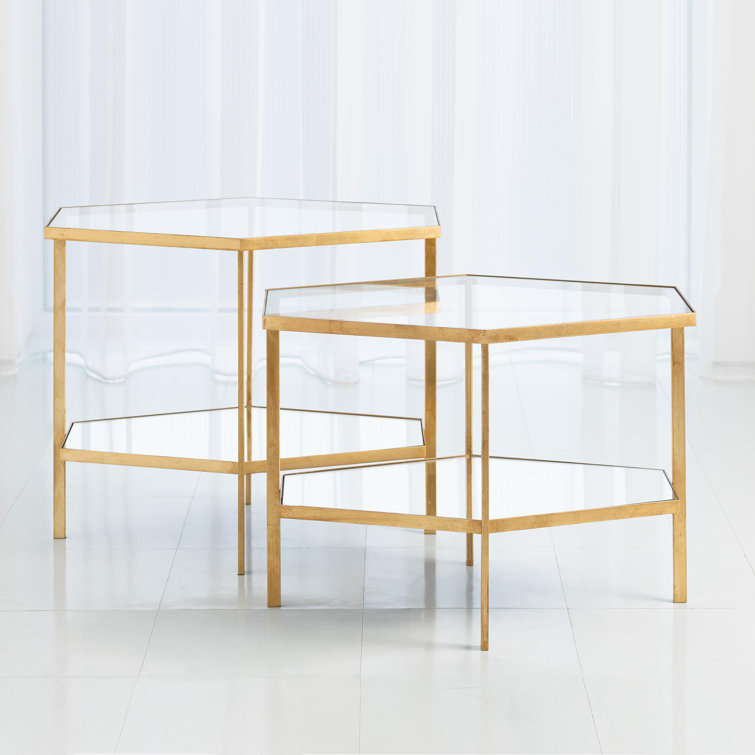 Gold Leaf Geometric Round Mirrored End Table with Shelf
