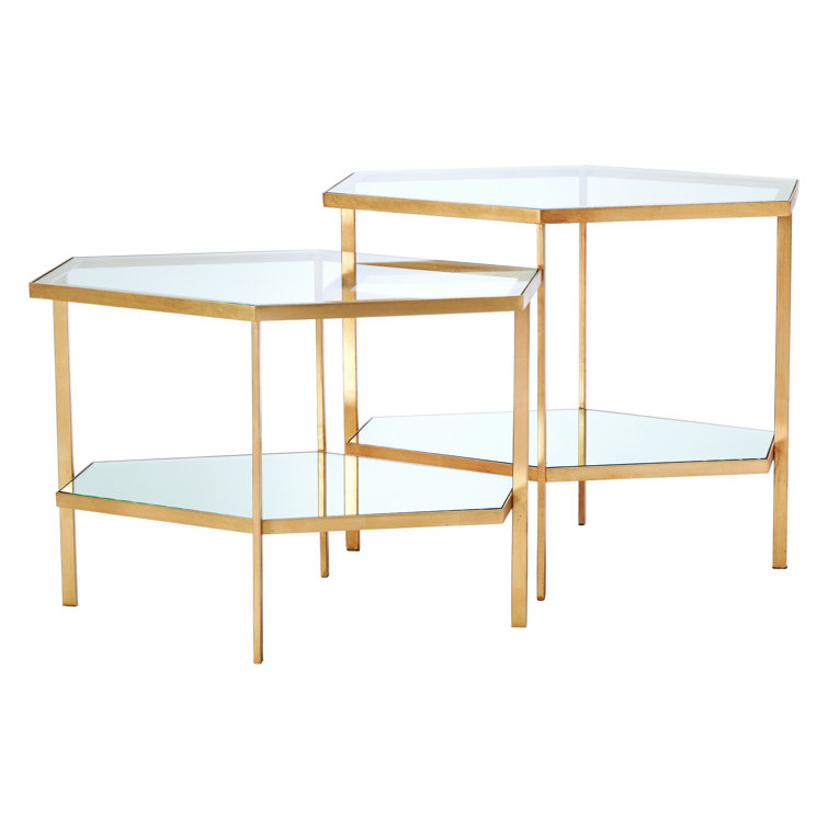 Gold Leaf Geometric Round Mirrored End Table with Shelf