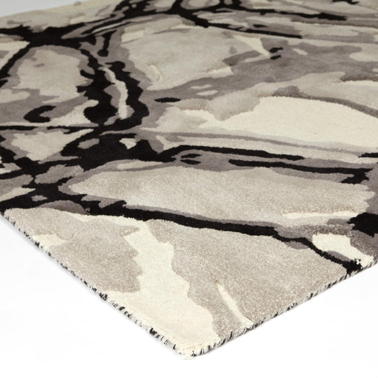 Abstract Watercolor Hand-Tufted Black Wool 8' x 10' Rug
