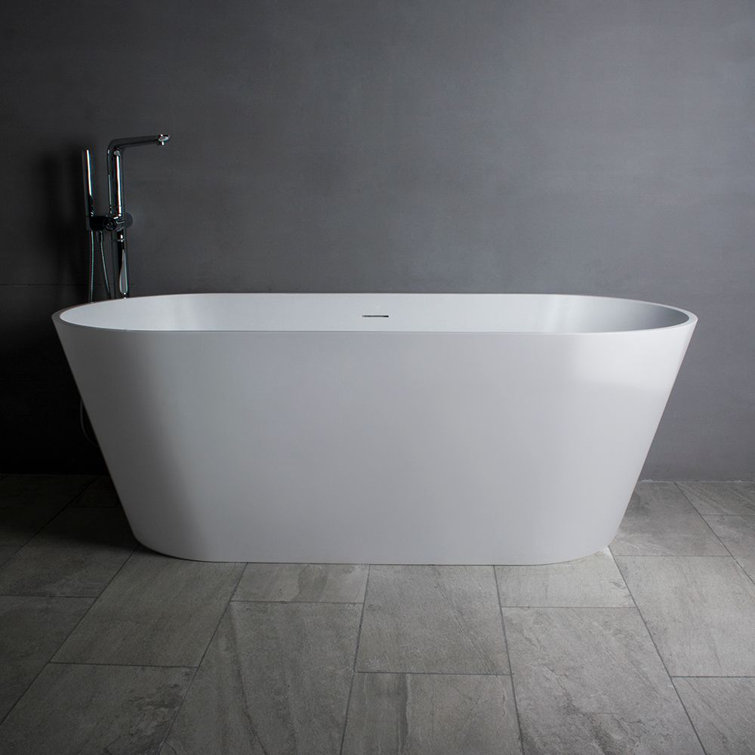 59" White Freestanding Acrylic Soaking Bathtub with Chrome Overflow