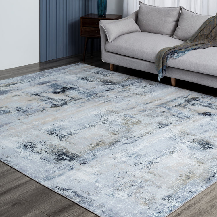 Abstract Grey and Blue Synthetic 8' x 10' Area Rug