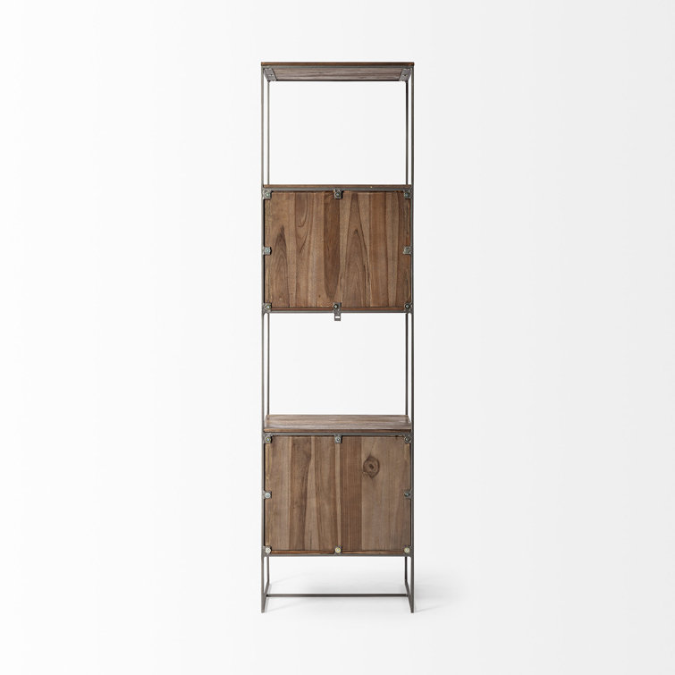 Sagan Narrow Brown Wood and Silver Metal Etagere Bookcase