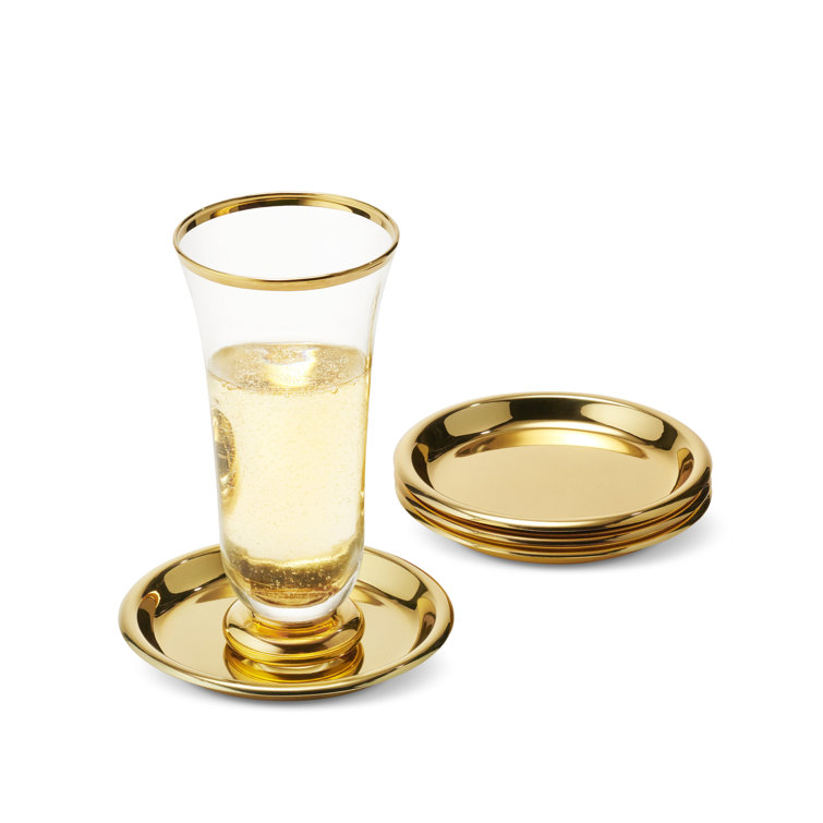 Gold Brass Round 4-Piece Drink Coaster Set