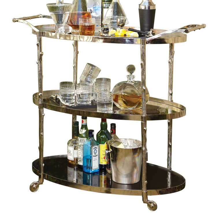 Arbor Sophisticated Nickel Finish Bar Cart with Marble and Glass Shelves
