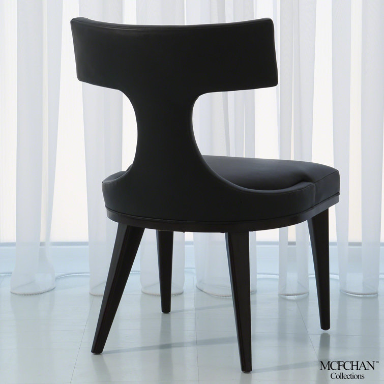 Satin Black Rubberwood Anvil Back Dining Chair in Black Leather