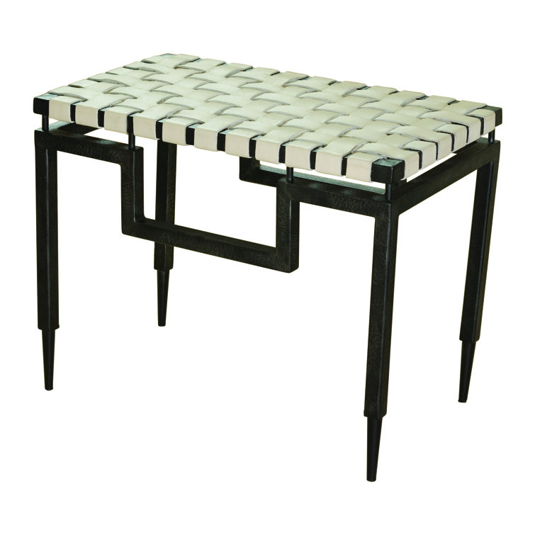 Hammered Black Iron Bench with Ivory Woven Leather Top