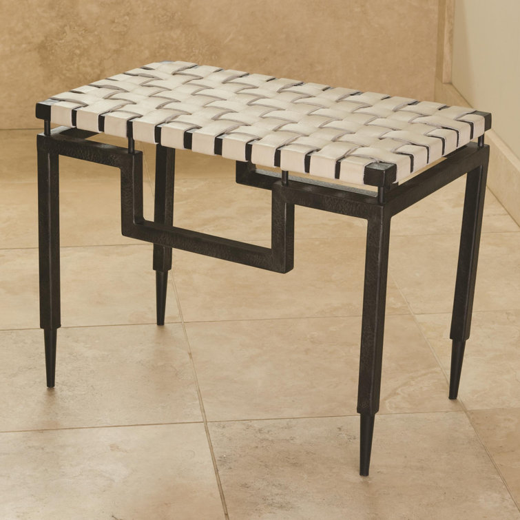 Hammered Black Iron Bench with Ivory Woven Leather Top