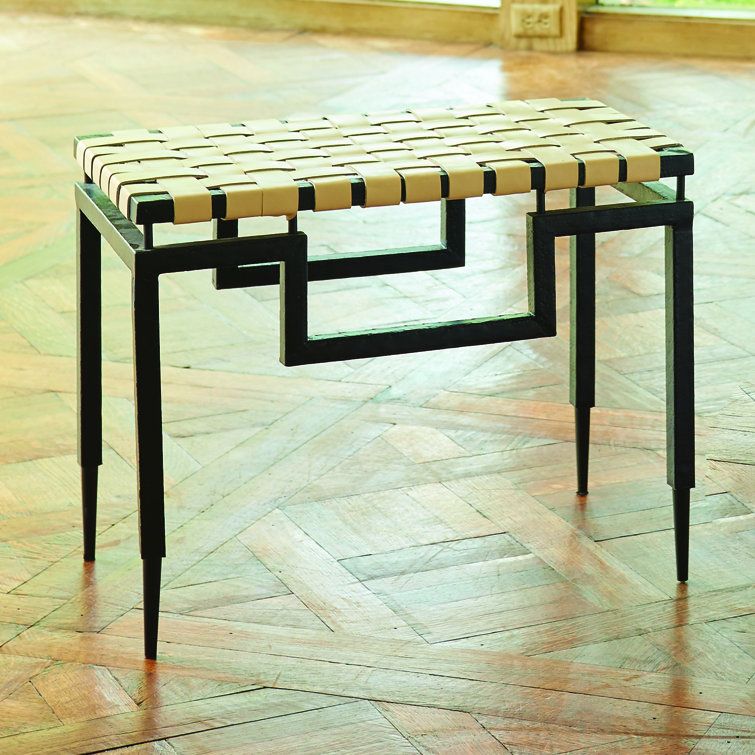 Hammered Black Iron Bench with Ivory Woven Leather Top