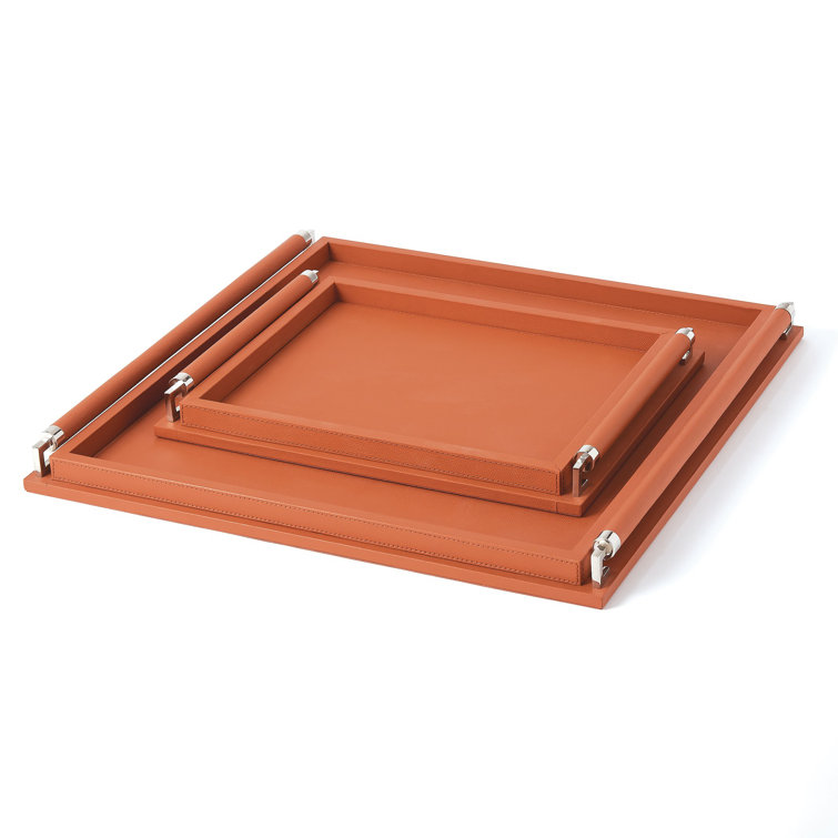 Large Coral Leather Wrapped Handle Sophisticated Tray
