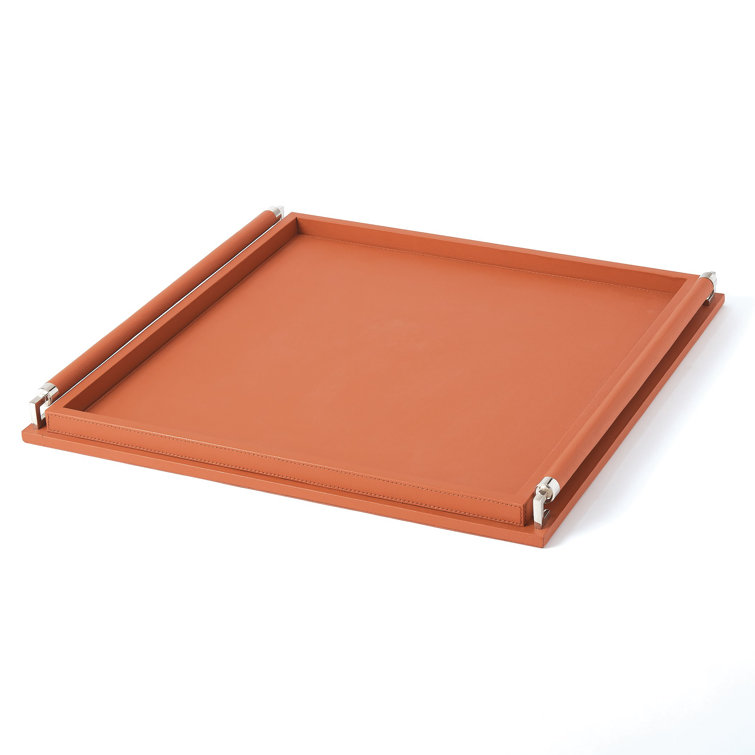 Large Coral Leather Wrapped Handle Sophisticated Tray