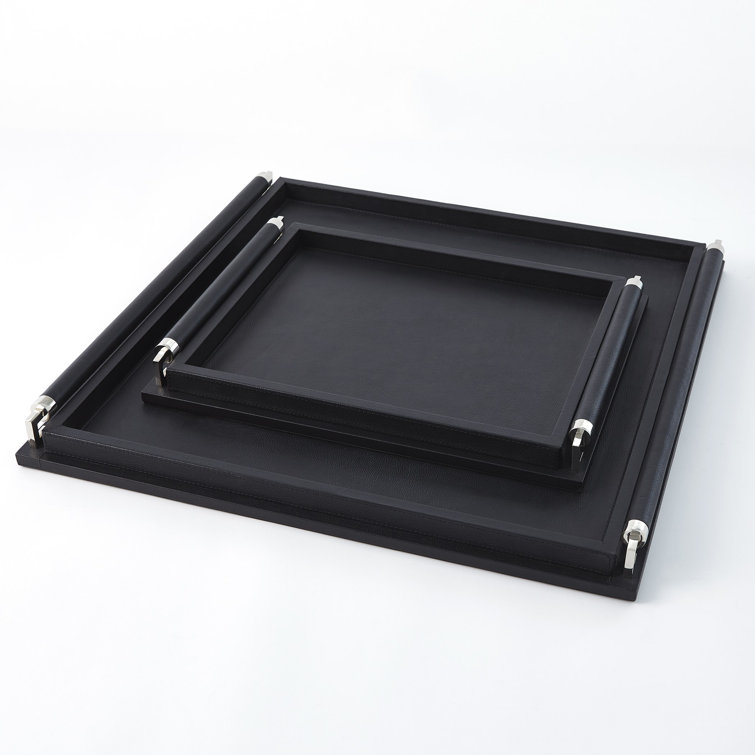 Large Black Leather Wrapped Handle Tray