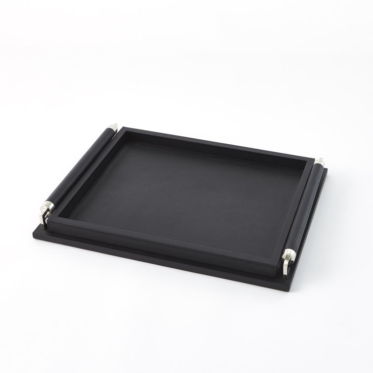 Small Black Leather Wrapped Handle Tray with Metal Accents