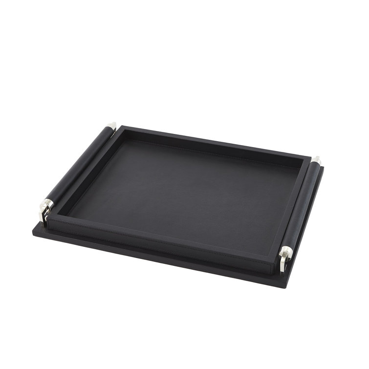 Small Black Leather Wrapped Handle Tray with Metal Accents