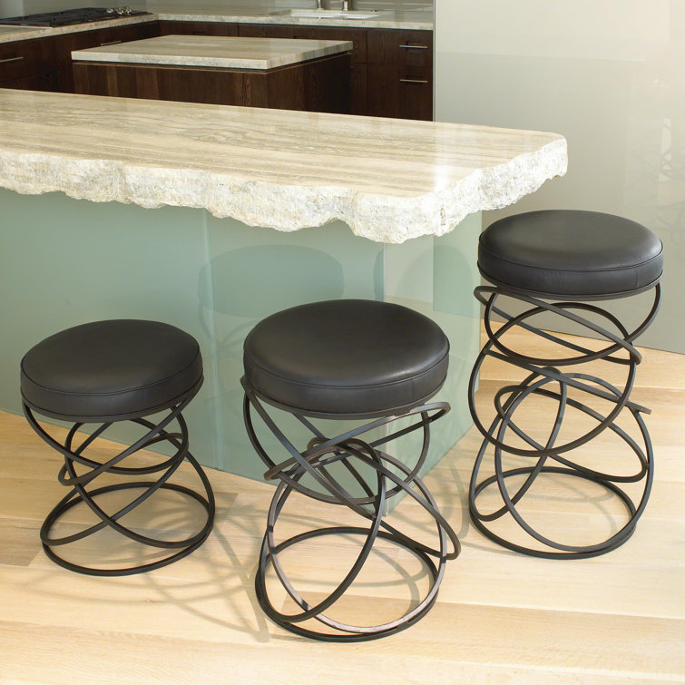 Industrial Chic Black Leather and Iron Ring Counter Stool