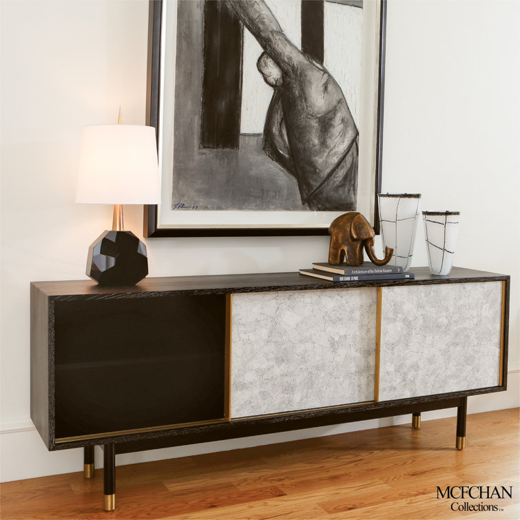 Black and White Oak Media Cabinet with Brass Accents