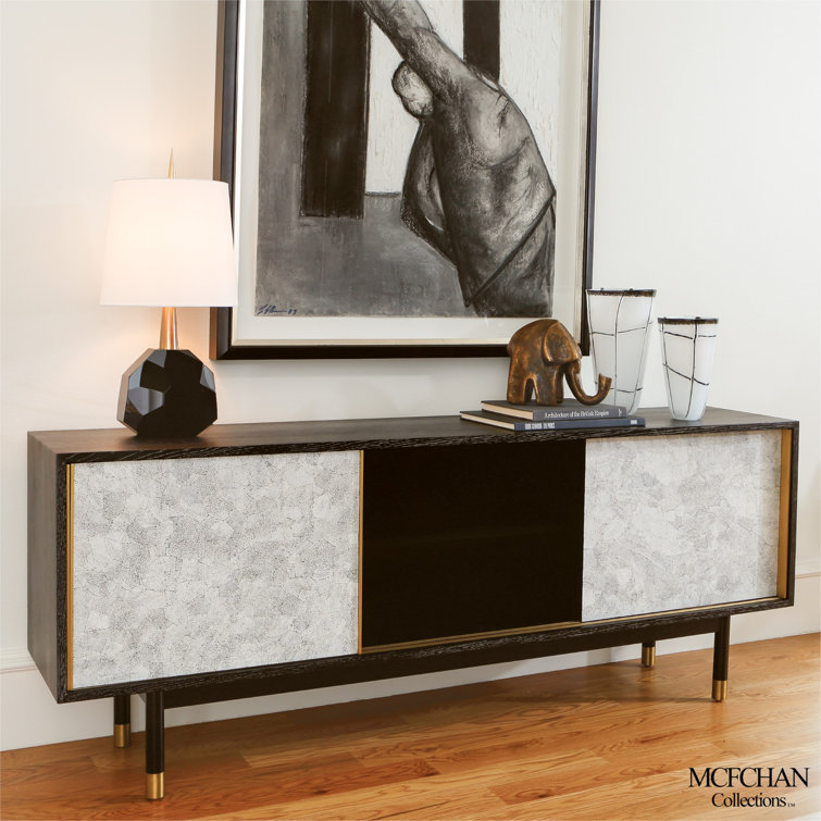 Black and White Oak Media Cabinet with Brass Accents