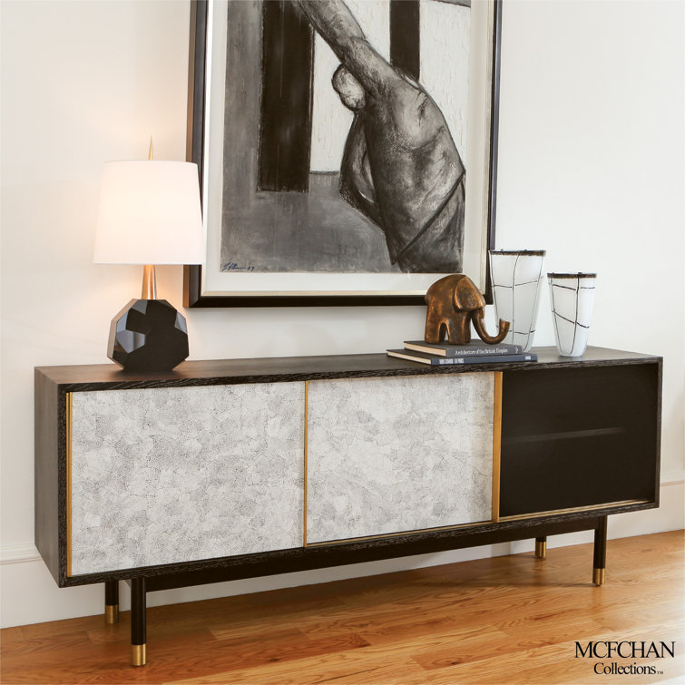 Black and White Oak Media Cabinet with Brass Accents