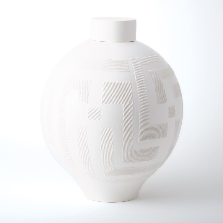 Matte White Ceramic Lidded Jar with Geometric Pattern