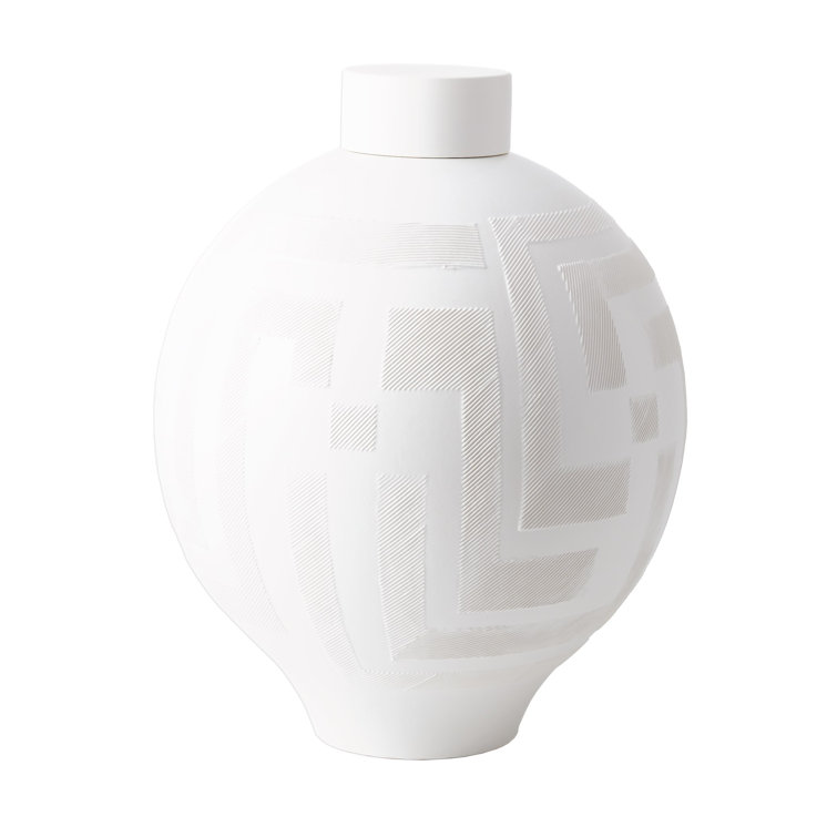 Matte White Ceramic Lidded Jar with Geometric Pattern