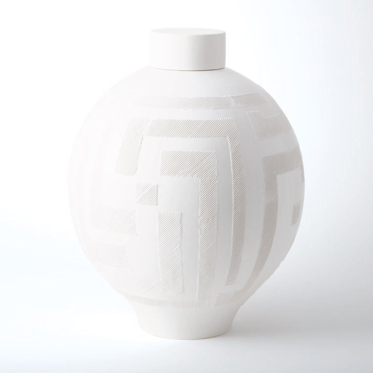 Matte White Ceramic Lidded Jar with Geometric Pattern