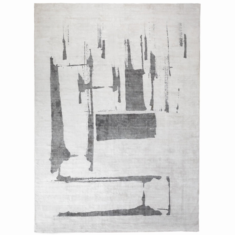 Edifice Abstract Cream/Charcoal Hand-Knotted Wool & Silk Rug 5' x 8'
