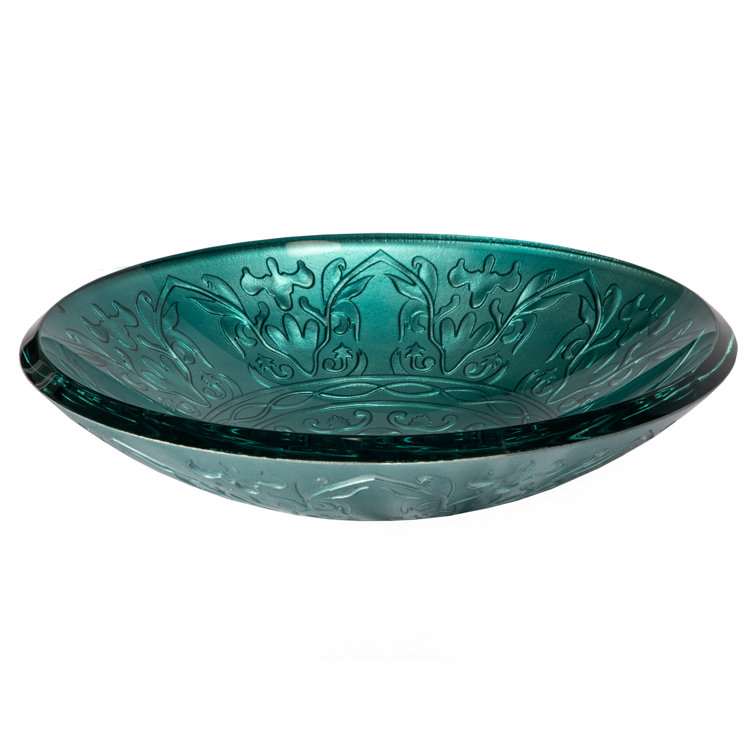 Teal Embossed Tempered Glass Circular Vessel Sink