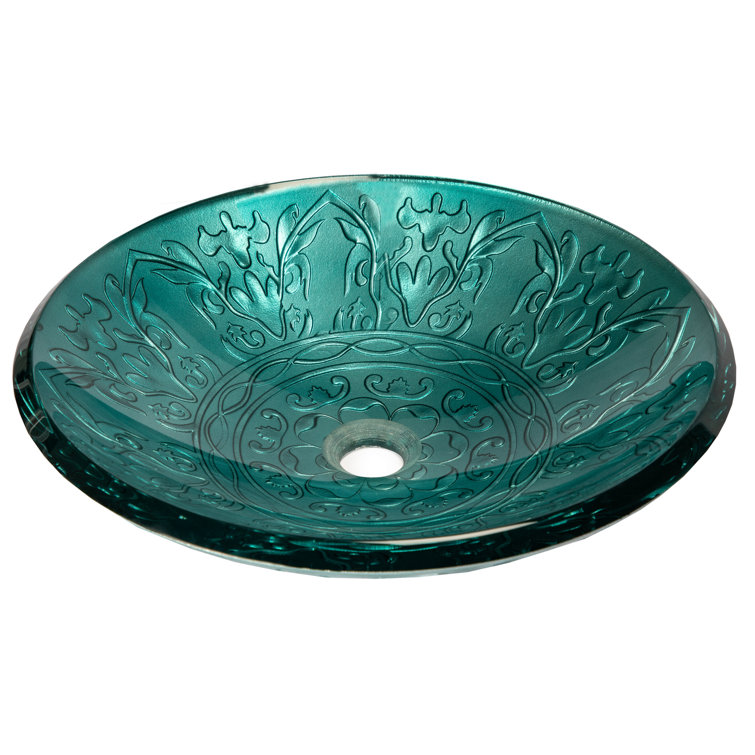 Teal Embossed Tempered Glass Circular Vessel Sink