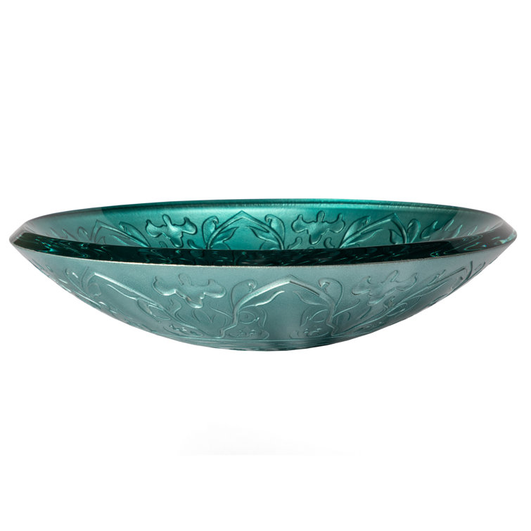Teal Embossed Tempered Glass Circular Vessel Sink