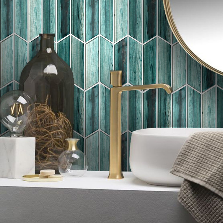 Rivulet Teal Chevron Polished Glass Mosaic Wall Tile