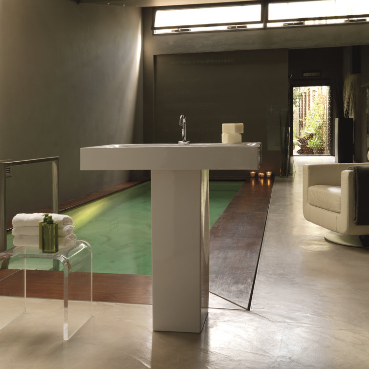 Glossy White Ceramic Rectangular Semi-Pedestal Bathroom Sink